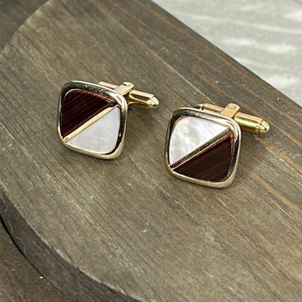 Cufflinks, mid century, modern, white, brown, and gold
